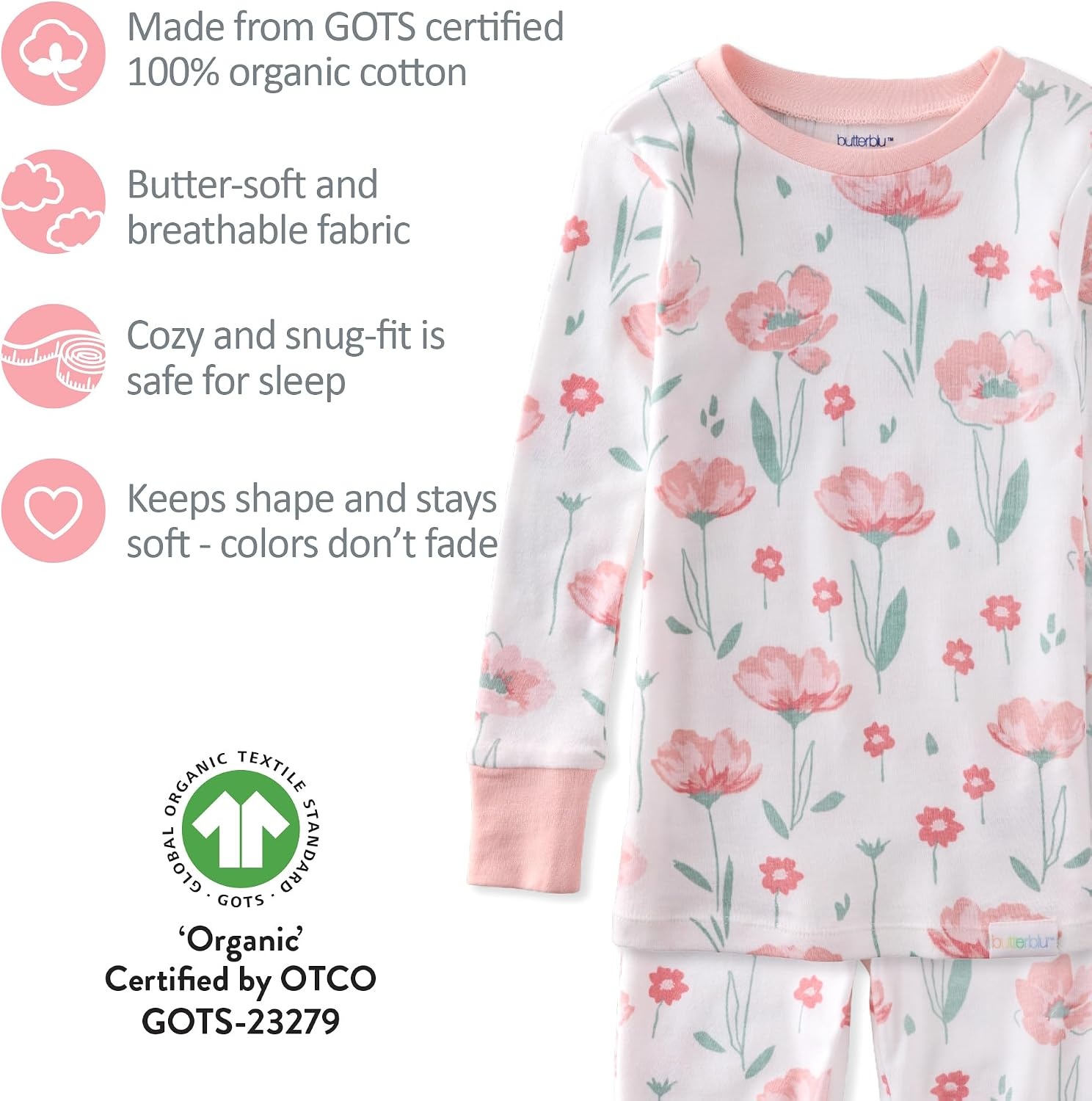 image:imageButterblu Zen Snugfit 2Piece Pajamas 100 Organic Cotton Long Sleeve GOTS Certified Organic Cotton for Baby and Toddler Boys Girls Soft Machine WashableFloral Fields
