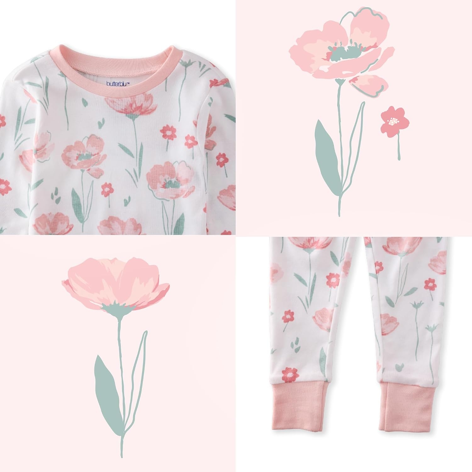 image:imageButterblu Zen Snugfit 2Piece Pajamas 100 Organic Cotton Long Sleeve GOTS Certified Organic Cotton for Baby and Toddler Boys Girls Soft Machine WashableFloral Fields